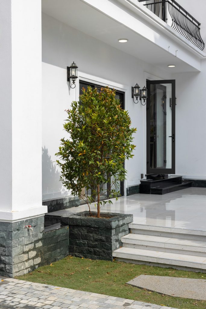 Elegantly designed house entrance featuring a lush green shrub and stone steps.